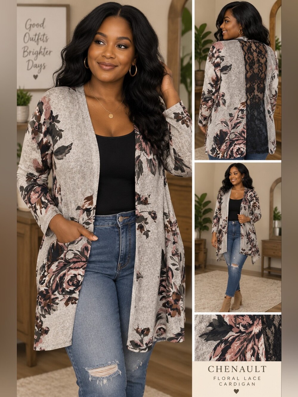 Chenault Blush and Black Floral Open-Front Cardigan